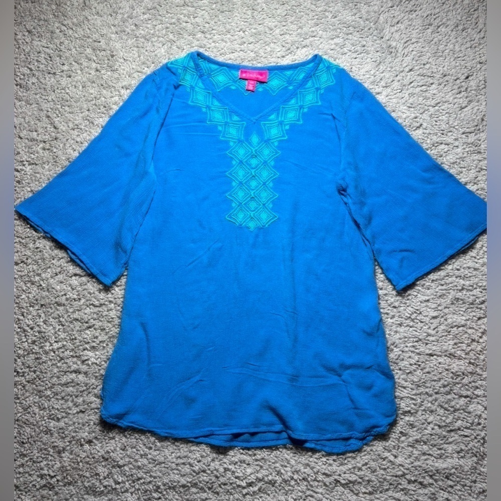 Lilly Pulitzer Top Womens Medium Embroidered Bell Sleeves Lightweight Resort